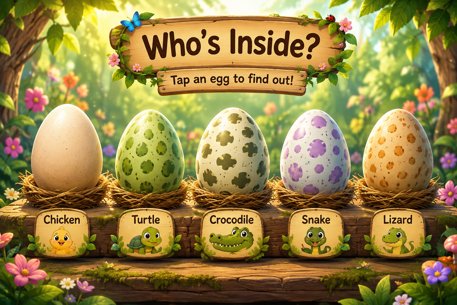 Who's Inside egg scene with five eggs children can tap.